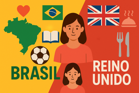 Ilustração comparando Brasil e Reino Unido com bandeiras, mapa, bola de futebol e talheres em estilo minimalista
