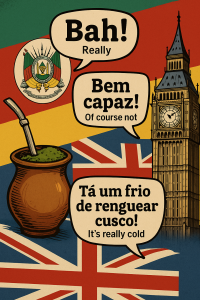 Ilustração divertida com bandeira do Rio Grande do Sul, chimarrão, Big Ben e expressões do gauchês traduzidas para o inglês.