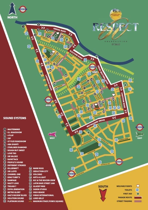 mapa com a rota do Carnaval de Notting Hill