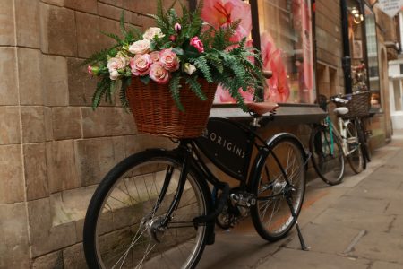 bicicleta da loja originis com flores na cestinha escorada na parede