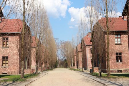 Duas fileiras de prédios de tijolos, os blocos de Auschwitz I