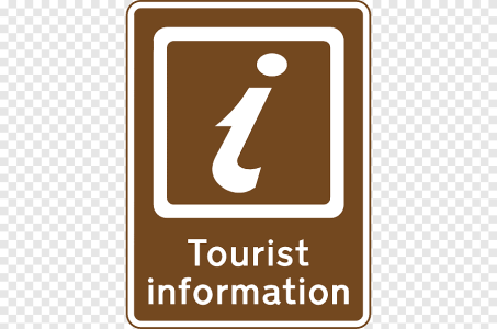 Placa marrom de trânsito com o símbolo da letra “i” e o texto “Tourist information”, indicando ponto de informações turísticas.