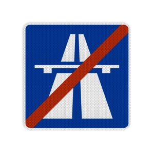 Placa de trânsito azul com símbolo branco de autoestrada cortado por uma faixa diagonal vermelha, indicando “fim de autoestrada”.