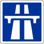 Placa de trânsito azul com símbolo branco representando uma ponte e duas faixas de rodagem, indicando o início de uma autoestrada.