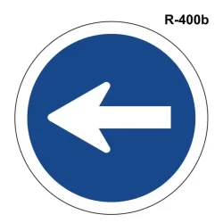 Placa de trânsito circular azul com uma seta branca apontando para a esquerda, indicando “siga à esquerda” ou “movimento obrigatório à esquerda”.