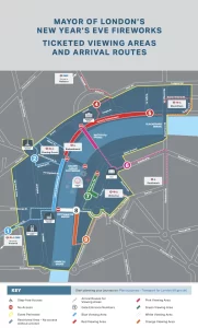 mapa do centro de londres e das áreas pra ver a queima de fogos no réveillon na London Eye
