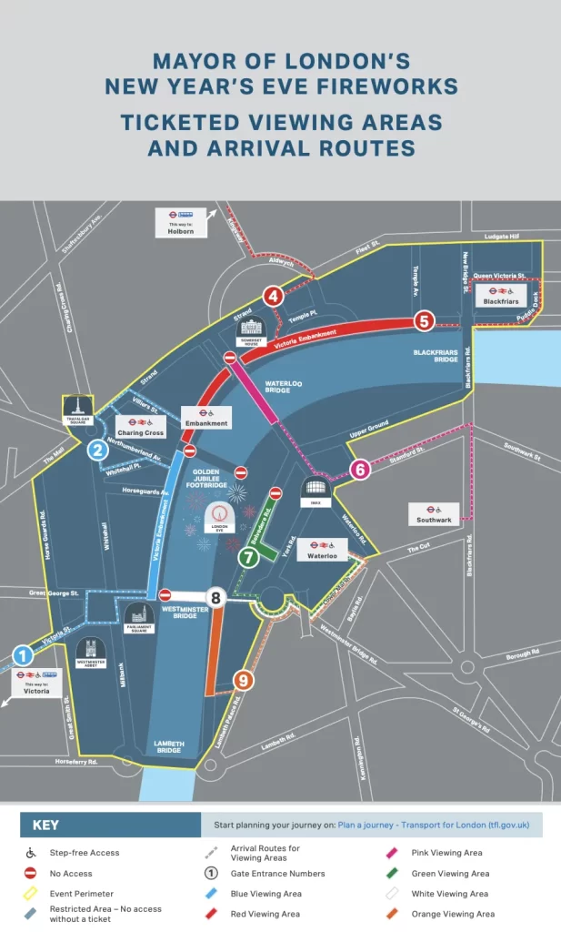 mapa do centro de londres e das áreas pra ver a queima de fogos no réveillon na London Eye