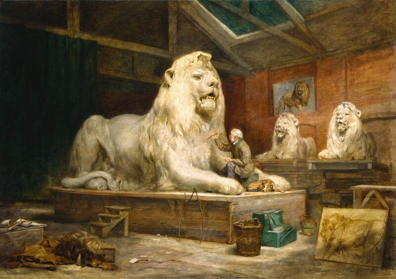 pintura dos leões de trafalgar square sendo feitos no estúdio de Sir Edwin Landseer