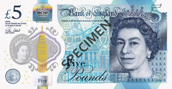 Cédula de £ 5 de polímero com imagem da rainha Elizabeth II emitida pelo Bank of England
