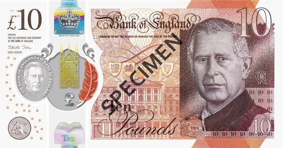Cédula de £ 10 de polímero com imagem do rei charles emitida pelo Bank of England