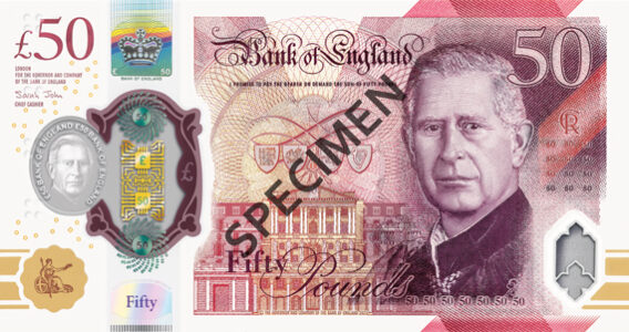 Cédula de £ 50 de polímero com imagem do rei charles emitida pelo Bank of England