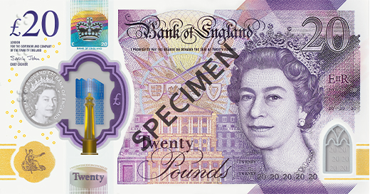 Cédula de £ 20 de polímero com imagem da rainha Elizabeth II emitida pelo Bank of England