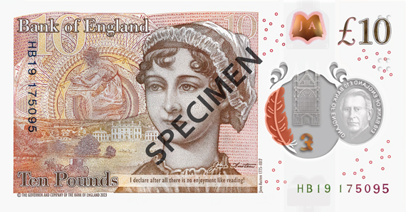 verso da cédula de £ 10 com a imagem de Jane Austen, a casa que era do irmão dela, e a personagem Elizabeth Bennett de Orgulho e Preconceito.