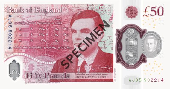 Verso da cédula de £ 50 com a imagem de Alan Turing, a British Bombe, e vários códigos usados por ele durante a segunda guerra mundial