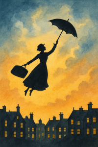 Ilustração em aquarela de Mary Poppins voando com um guarda-chuva ao pôr do sol sobre os telhados da cidade.