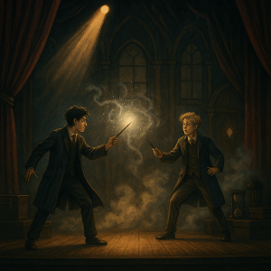 Ilustração de duelo mágico entre dois jovens bruxos no palco, com varinhas lançando faíscas e atmosfera sombria inspirada no universo Harry Potter.