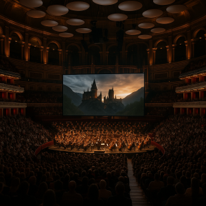 Ilustração do Royal Albert Hall com filme sendo mostrado no telão e orquestra tocando