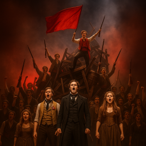 Cena da barricada de Les Miserable, com bandeira vermelha no topo e várias pessoas cantando