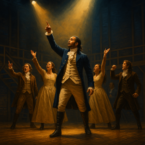 Atores dançando uma música coreografada do musical Hamilton.