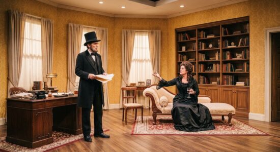 Uma cena de teatro ambientada em um escritório do século XIX. À esquerda, um ator caracterizado como Abraham Lincoln, vestindo um casaco preto, cartola e segurando documentos, olha com espanto para a direita. No centro-direita, uma mulher com um penteado volumoso de cachos, vestindo um vestido de época preto, está sentada em um divã reclinável. Ela gesticula com a mão direita estendida para o homem e segura um copo de whisky na mão esquerda, parecendo gritar ou falar com fervor. O escritório tem papel de parede amarelo estampado, uma grande estante de livros de madeira cheia ao fundo e uma escrivaninha bagunçada no canto esquerdo. O chão é de madeira com tapetes orientais.