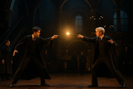 personagens de Harry Potter and the cursed child com varinhas mágicas como se numa batalha
