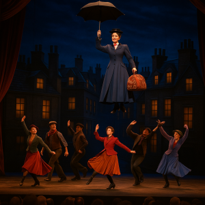 ilustração gerada por AI com marry Poppins sobrevoando um palco e dançarinos dançando.