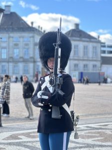 guarda dinamarquesa com roupa azul, segurando a arma e olhando pro lado